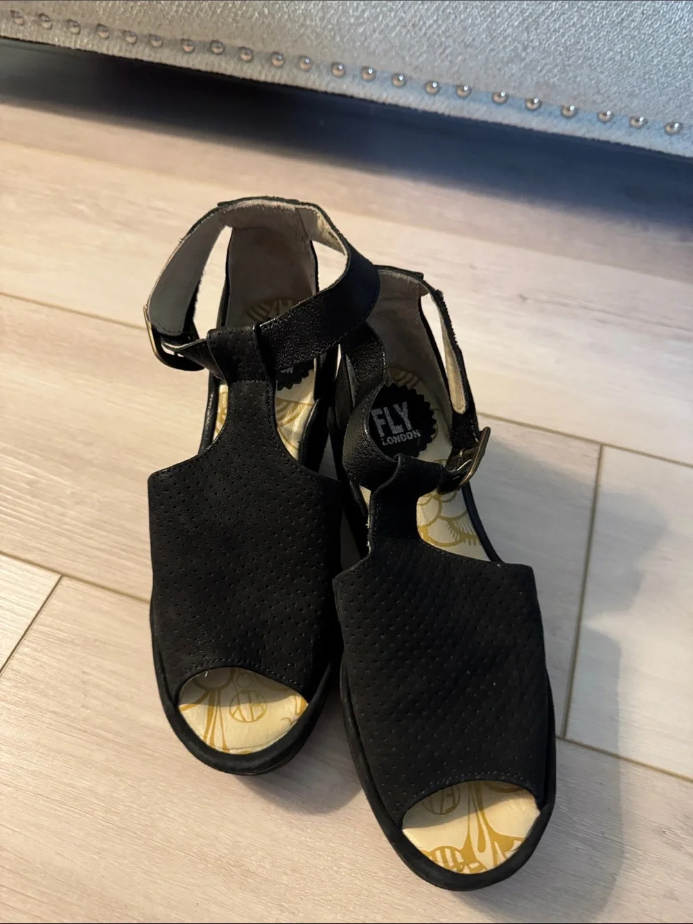Fly London Black Peep-Toe Ankle Strap Wedge Sandals - Picture 1 of 2
